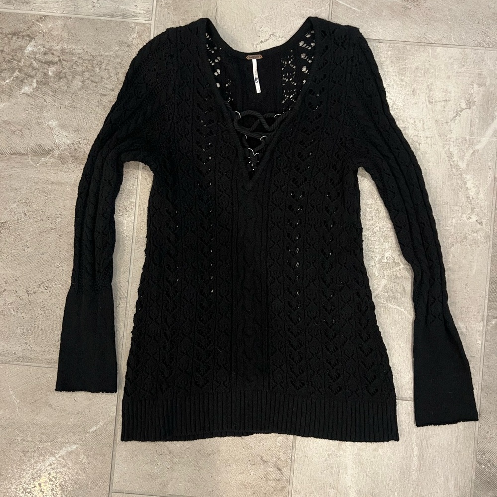 Free People Black V Neck Lace Up Sweater